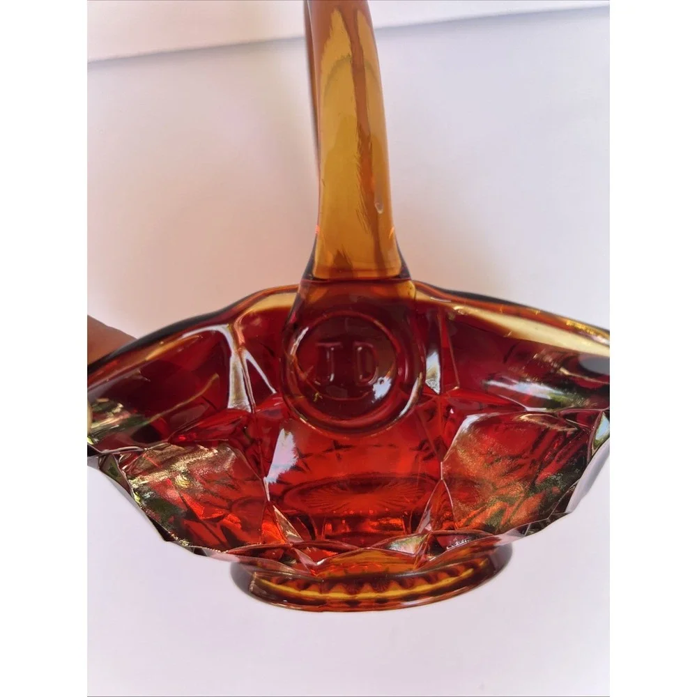 VTG Amberina Glass Basket sunset signed JD artist Jim Dunlavy Red Yellow GLOWS